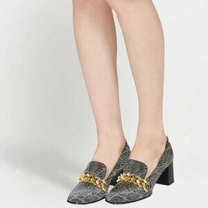 FSJ Black Snakeskin Chunky Heel Pump Chain Loafers Round Toe Mid Block Heel Shoe